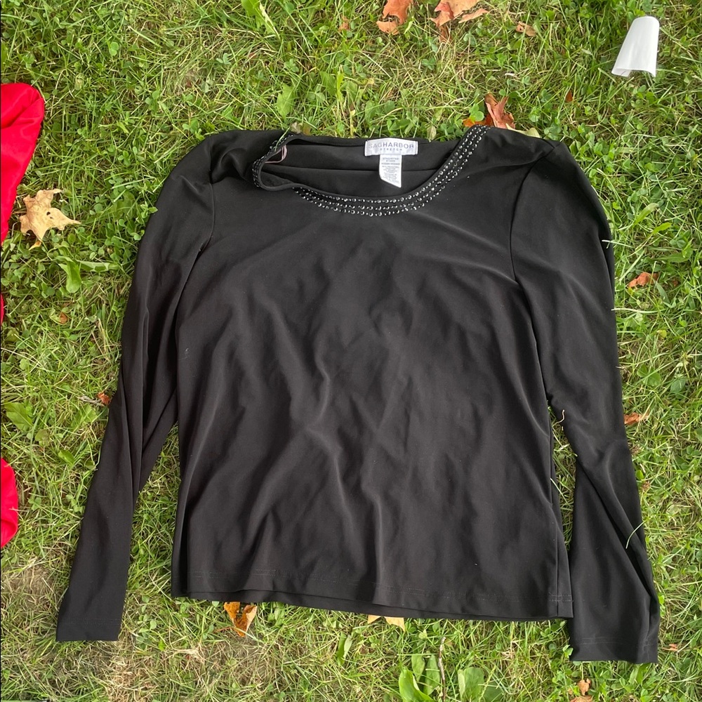 Sag Harbor Black Long Sleeve Blouse with Embellished Neckline